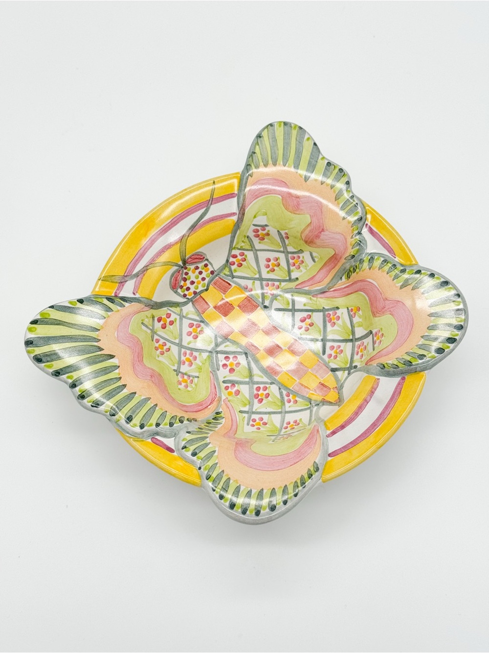 Vintage MacKenzie Childs Butterfly 7.5" Bowl Retired 2003 Yellow Green Check - Picture 2 of 13